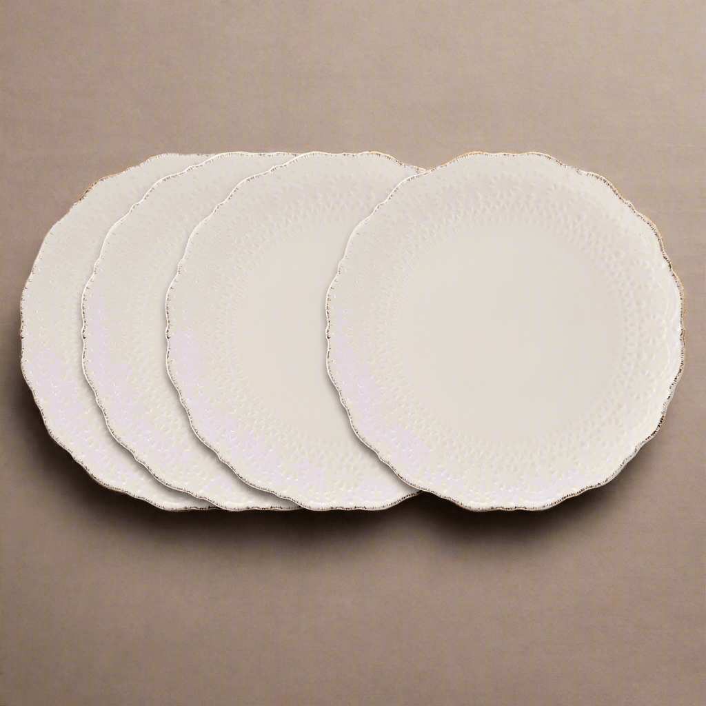 Close-up of large 11 inch stoneware dinner plates in cream color, perfect for family dining
