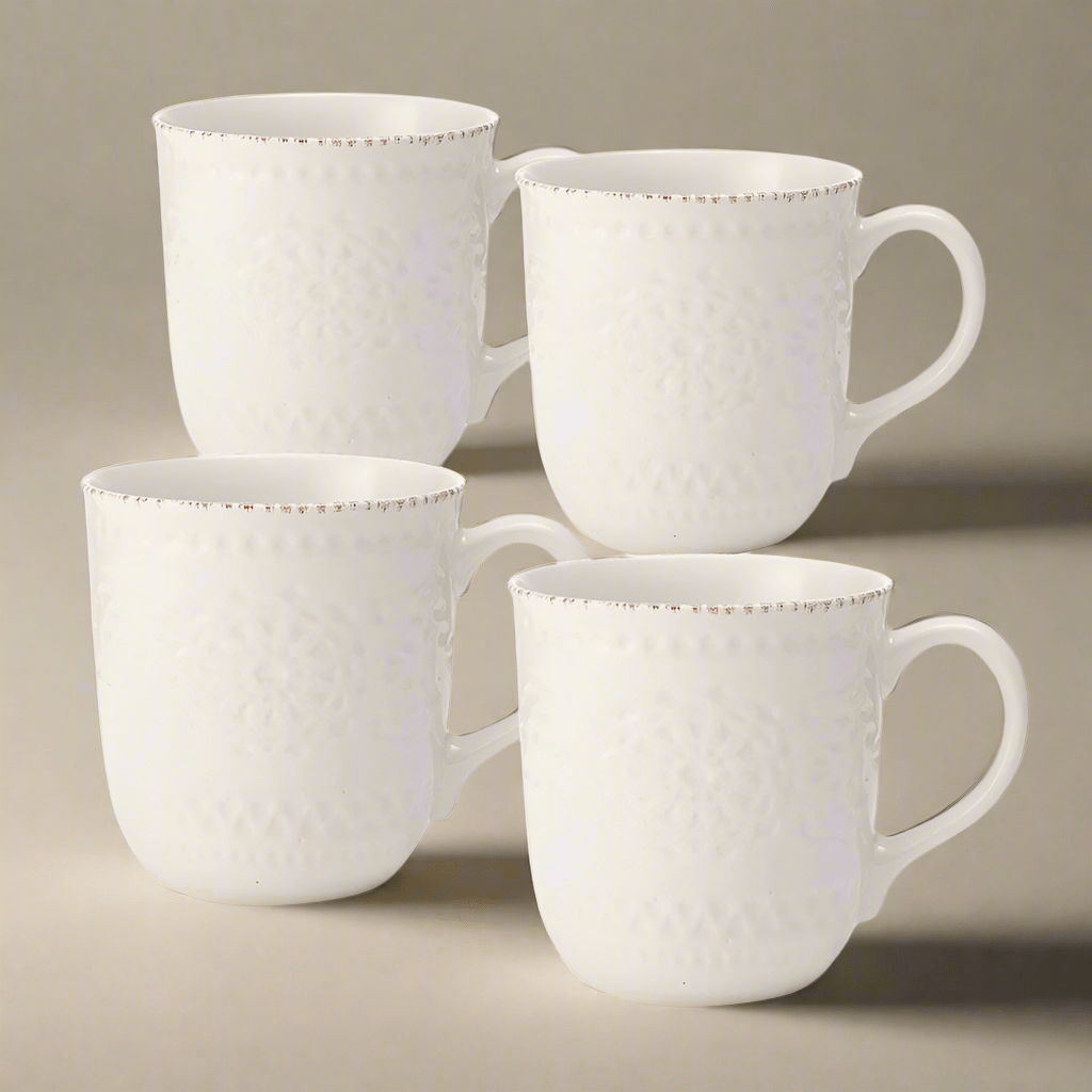 Close-up of embossed pattern on a 15 oz stoneware mug from the set