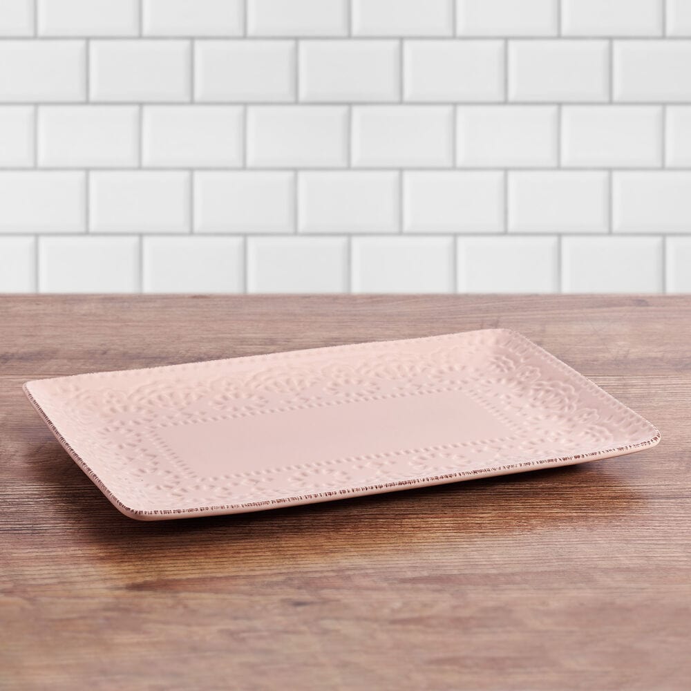 Pink stoneware rectangular serving platter with lace pattern, ideal for wedding receptions