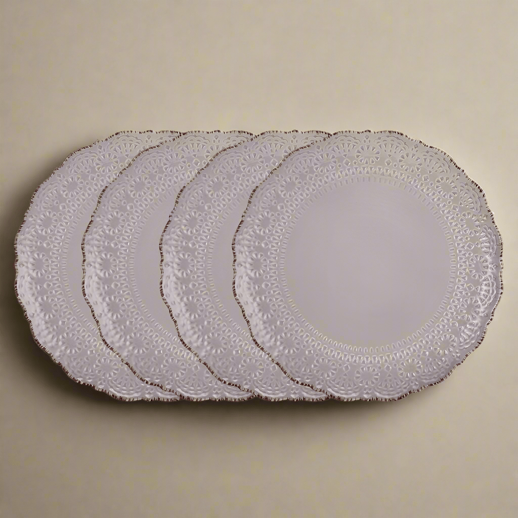 Chateau Smoke dinner plate showcasing lace design and scalloped edges from above