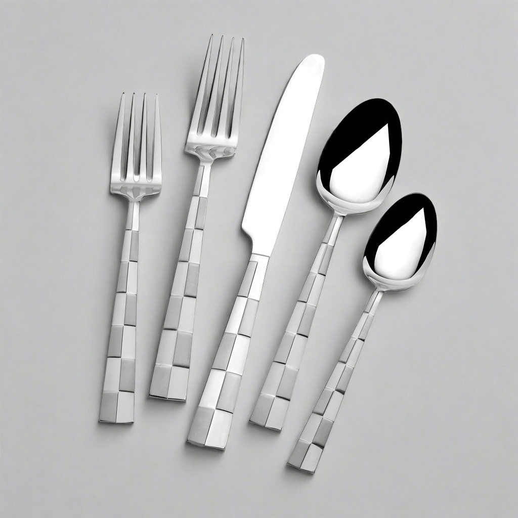 Flatware set for four displayed with dinner plates and glasses