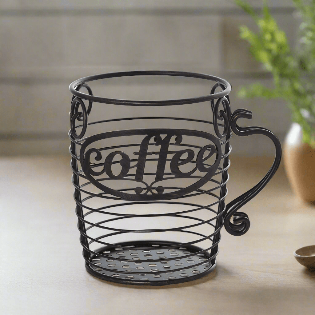 Angled view of Rustic BrewWire coffee pod holder on kitchen countertop with espresso capsules inside.