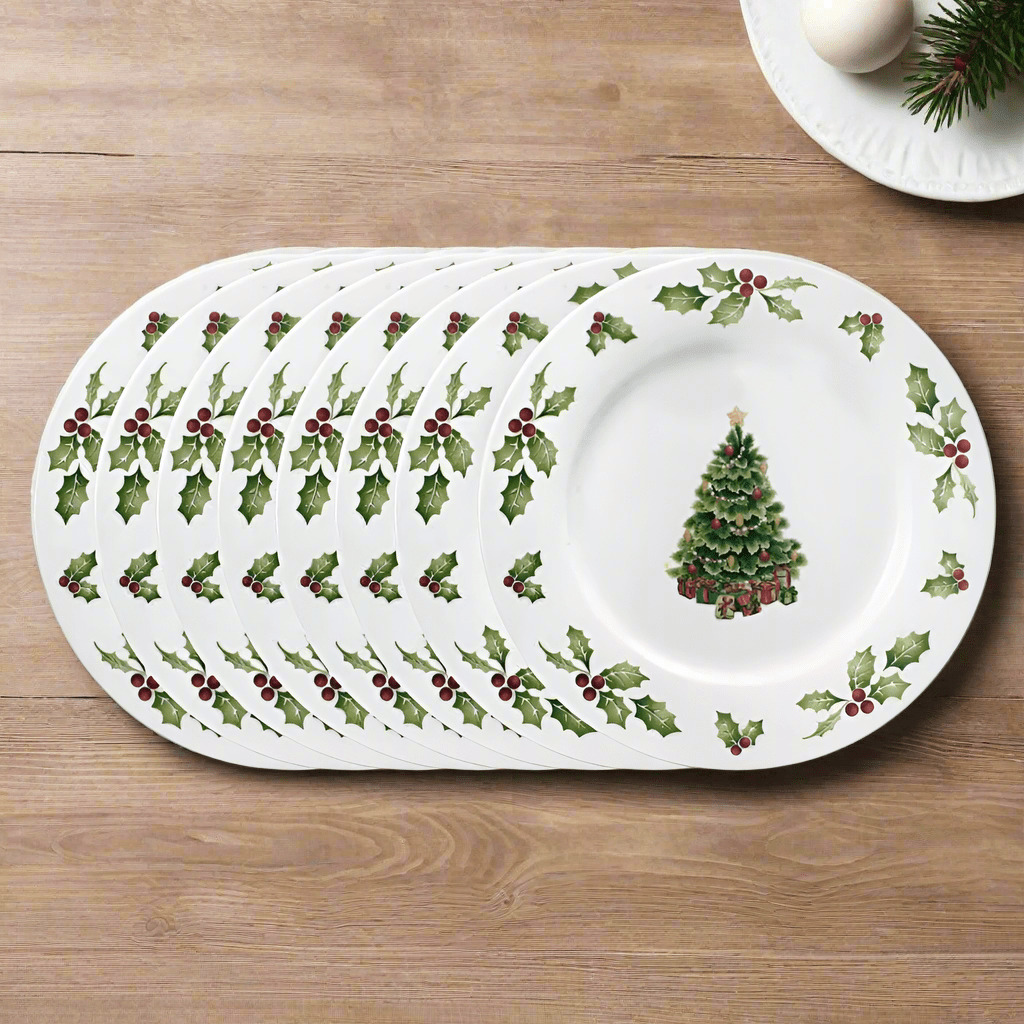 Dishwasher safe Christmas dinnerware displayed with a delicious holiday meal, ideal for main courses.