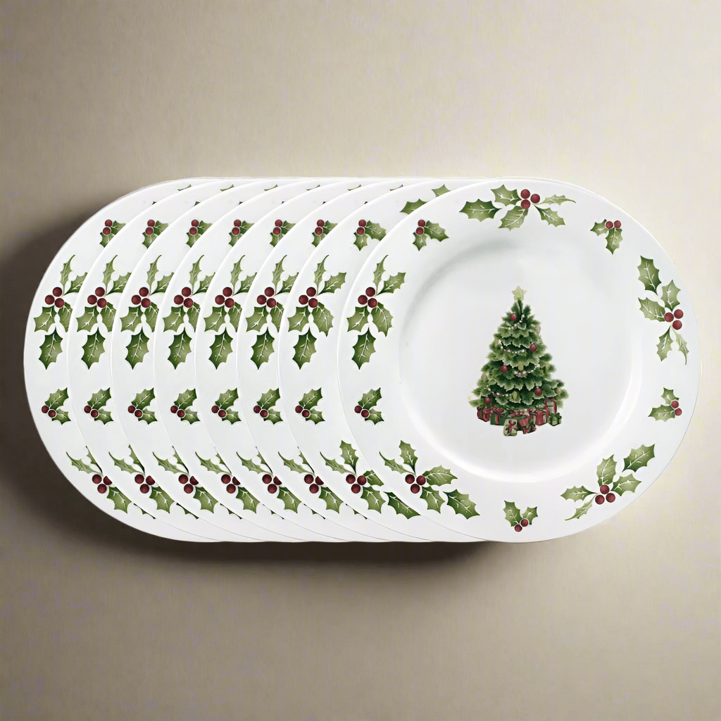 Elegant Christmas dinner plates set showcasing a festive table setting with holiday decorations.