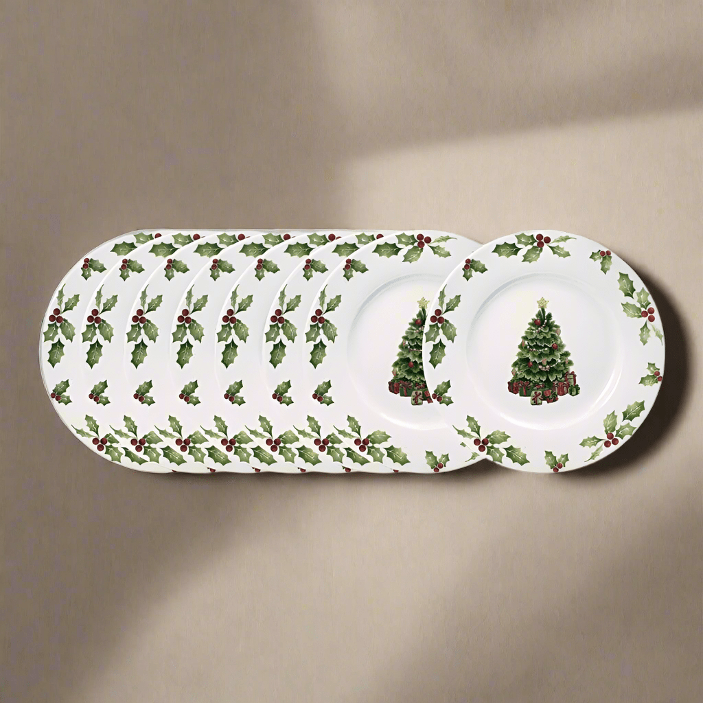 Set of porcelain salad plates with Christmas-themed table setting