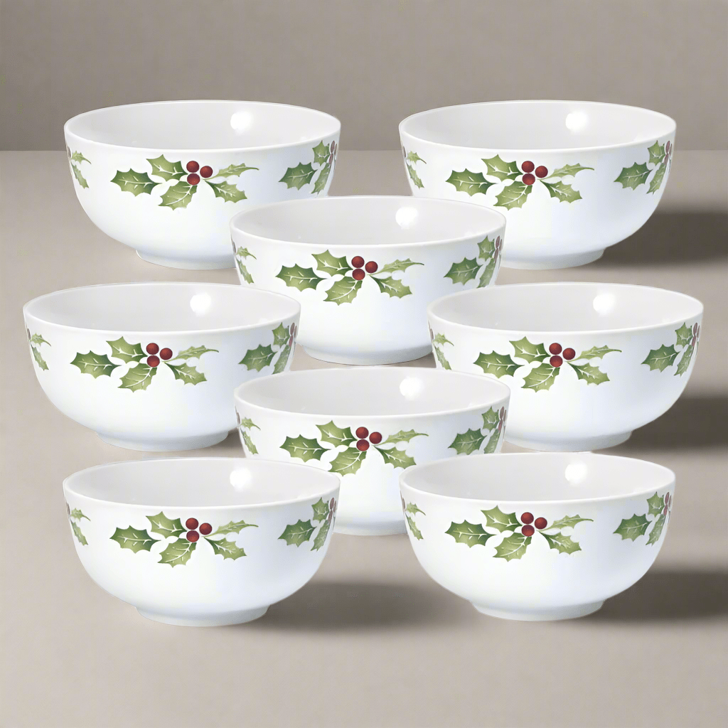 Festive porcelain soup bowl set displayed on a holiday table, perfect for cereal and soup.