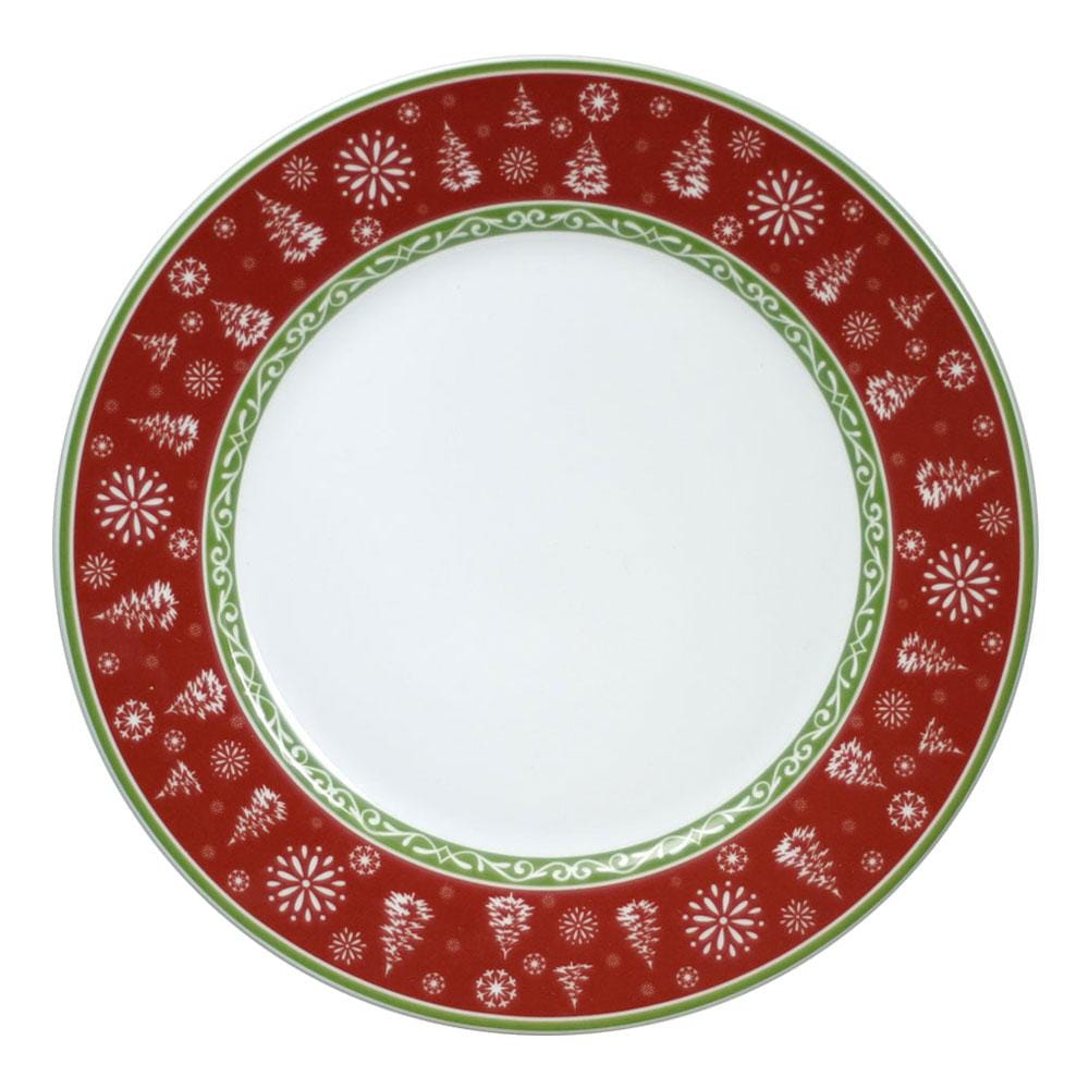 Close-up of the Christmas plate with deer design, highlighting the festive red and green detailing.