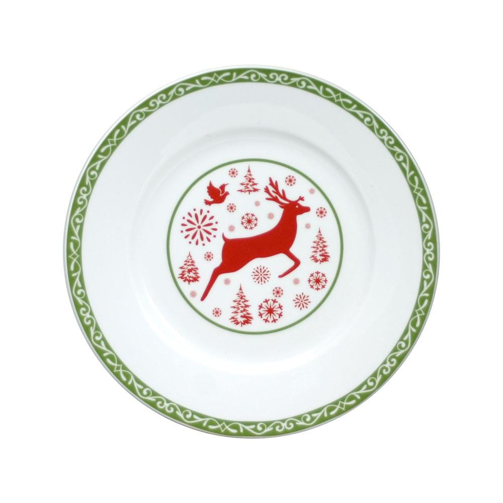 Side angle of the holiday dinnerware set showing the mug, bowl, and plates stacked neatly for winter party prep.