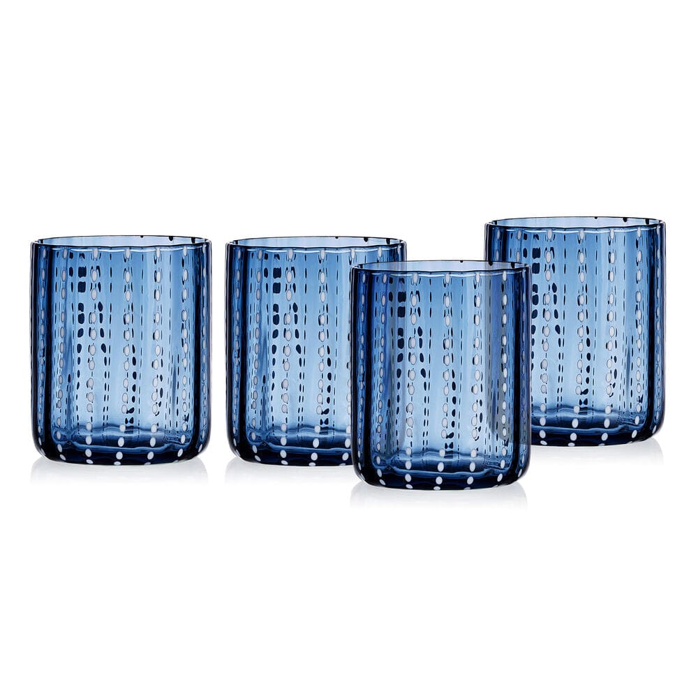 Set of four cobalt double old fashioned glasses displayed in an inviting kitchen setting, perfect for entertaining guests.