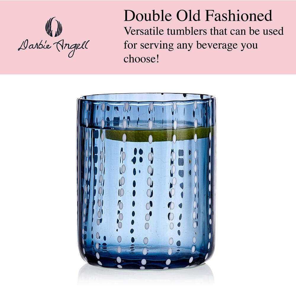 Close-up of the dappled detail on the cobalt double old fashioned glasses, highlighting their high-quality craftsmanship.