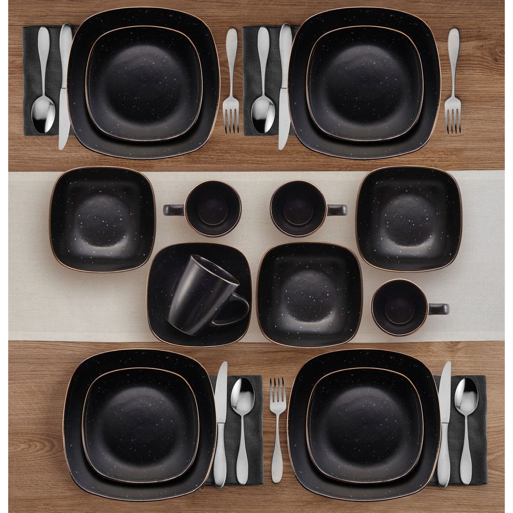 Set of 4 dinner plates, bowls, and mugs in sleek black stoneware, ideal for casual and formal dining