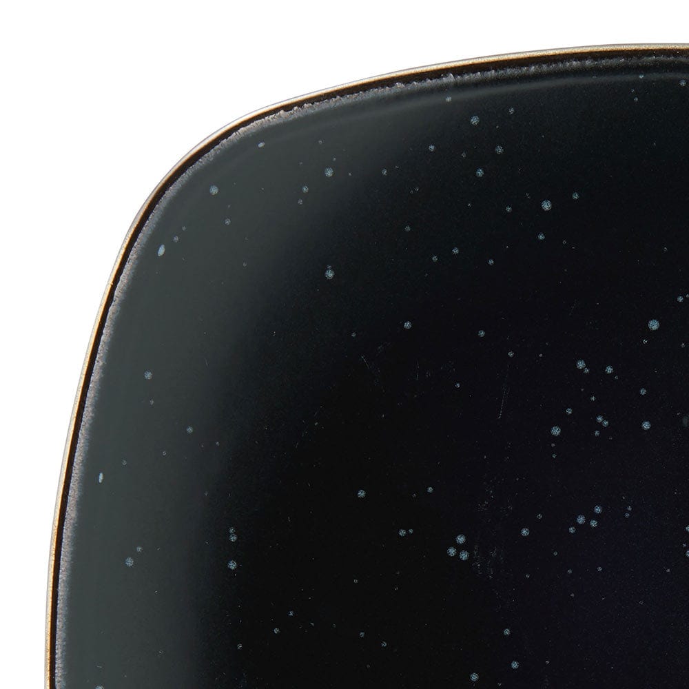 Close-up of the textured speckle pattern and metallic rim on Decker black dinnerware set