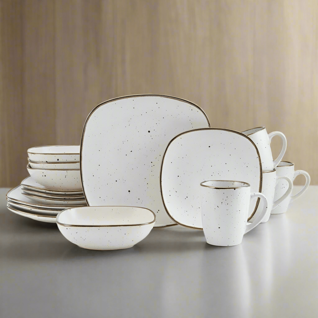 Square white stoneware dinner plates with metallic rims for modern dining