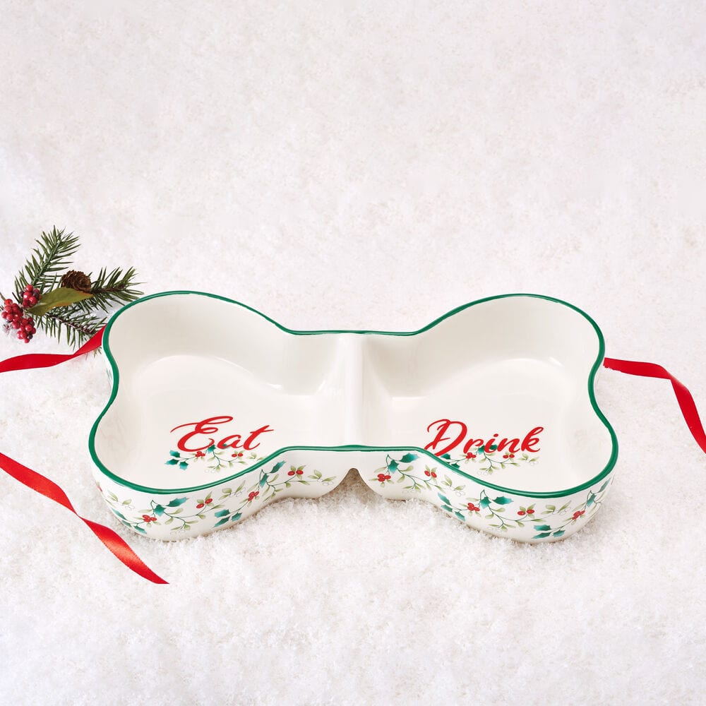 Side view of the divided dog bowl, perfect for winter meals and hydration.