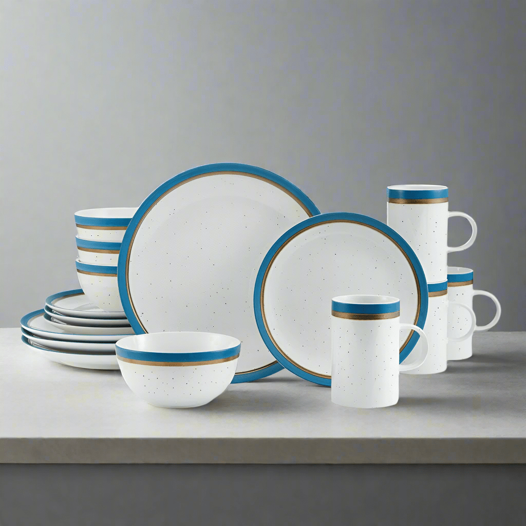 Close-up of Ezra Blue dinnerware set showcasing speckle pattern and metallic accents