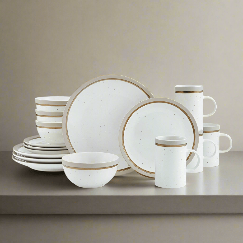 Ezra Taupe dinnerware set for 4 with speckled stoneware dishes on a modern dining table