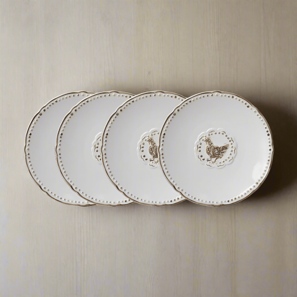 Rustic farmhouse stoneware appetizer plates set arranged on a dinner table