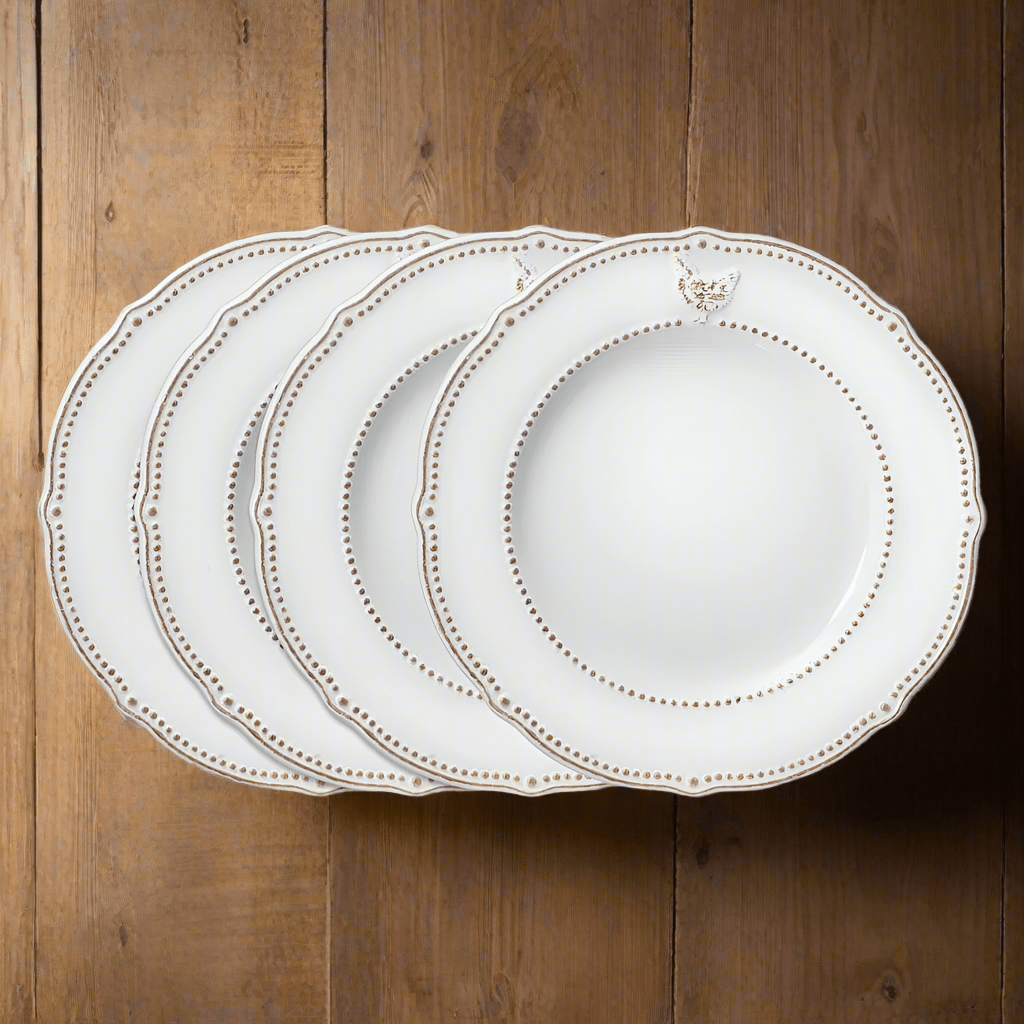 Close-up of farmhouse hen stoneware dinner plate showing rustic design