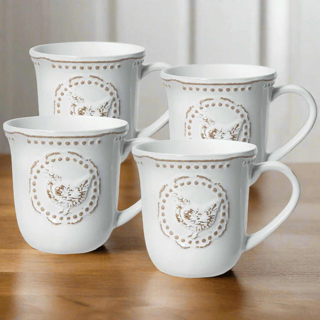 Side view of ceramic mug with hen design, ideal for coffee lovers