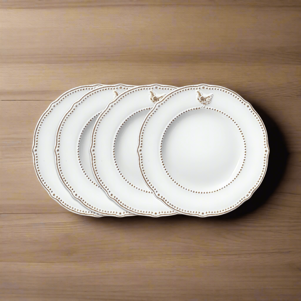 Close-up of farmhouse hen salad plates with rustic design on a dining table