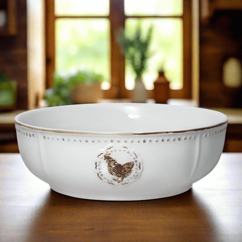 Rustic stoneware vegetable bowl with colorful salad