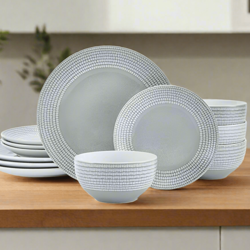 Felicity stoneware dinnerware set with reactive glaze finish on a dining table