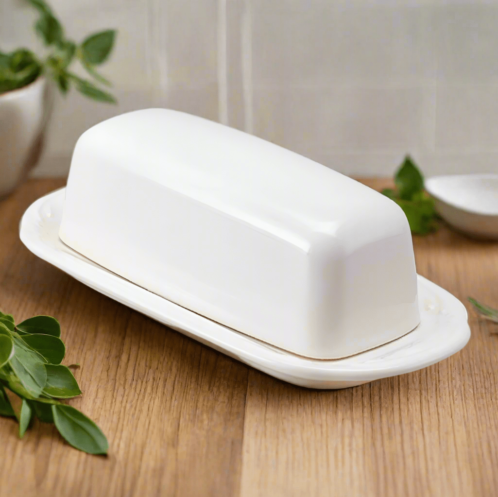 Stoneware covered butter dish with lid on a kitchen table