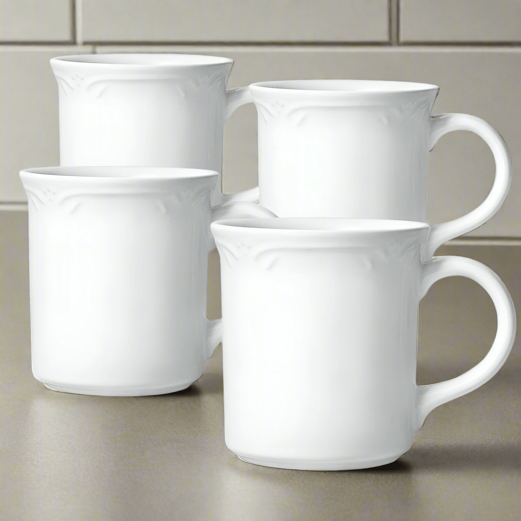 Charming stoneware mug set showcasing four elegant coffee mugs from a top view.