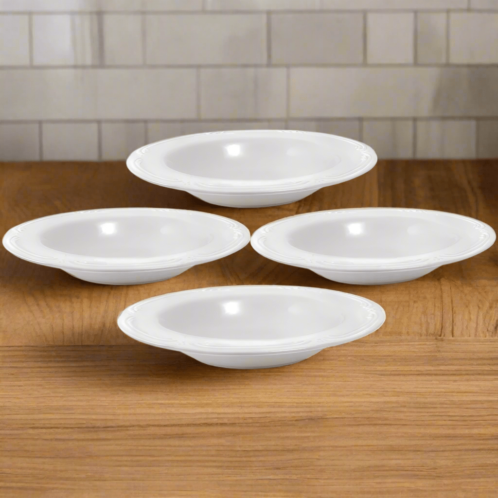 Elegant stoneware rim soup bowl set on a dining table, showcasing their versatility for soups and salads.