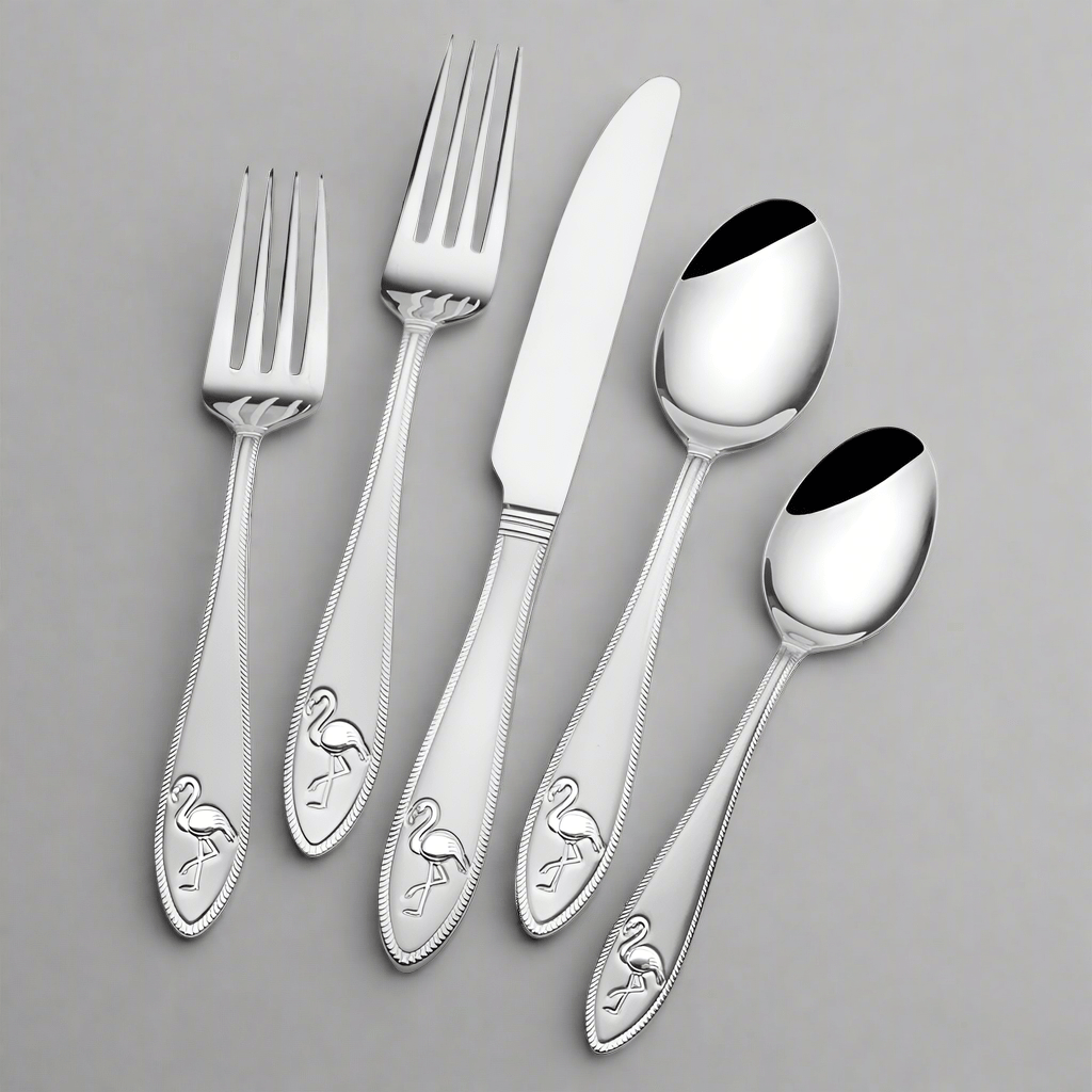 Close-up of Flamingo flatware set showing embossed flamingo handle detail