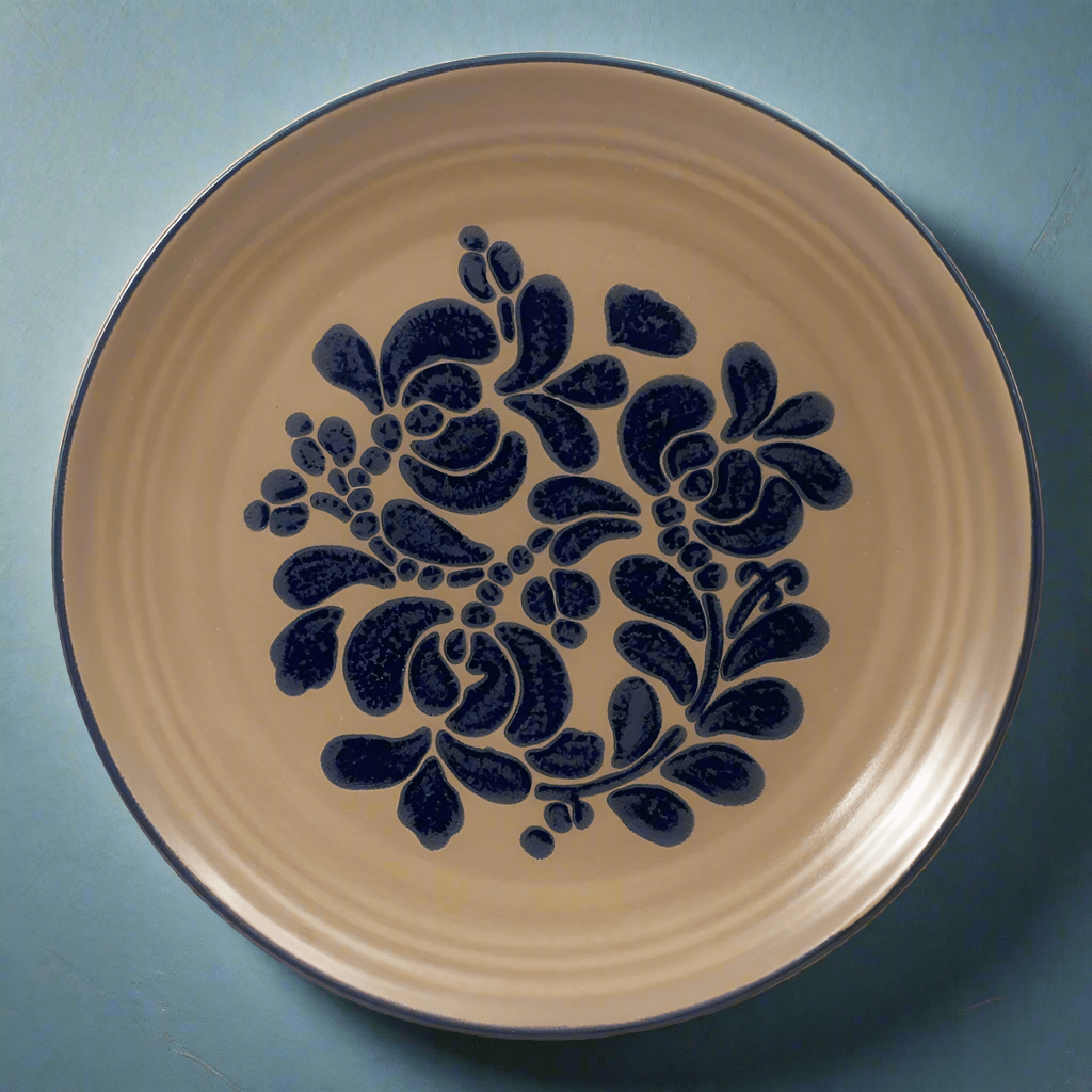 Close-up of Folk Art stoneware dinner plate showing detailed design and sturdy material