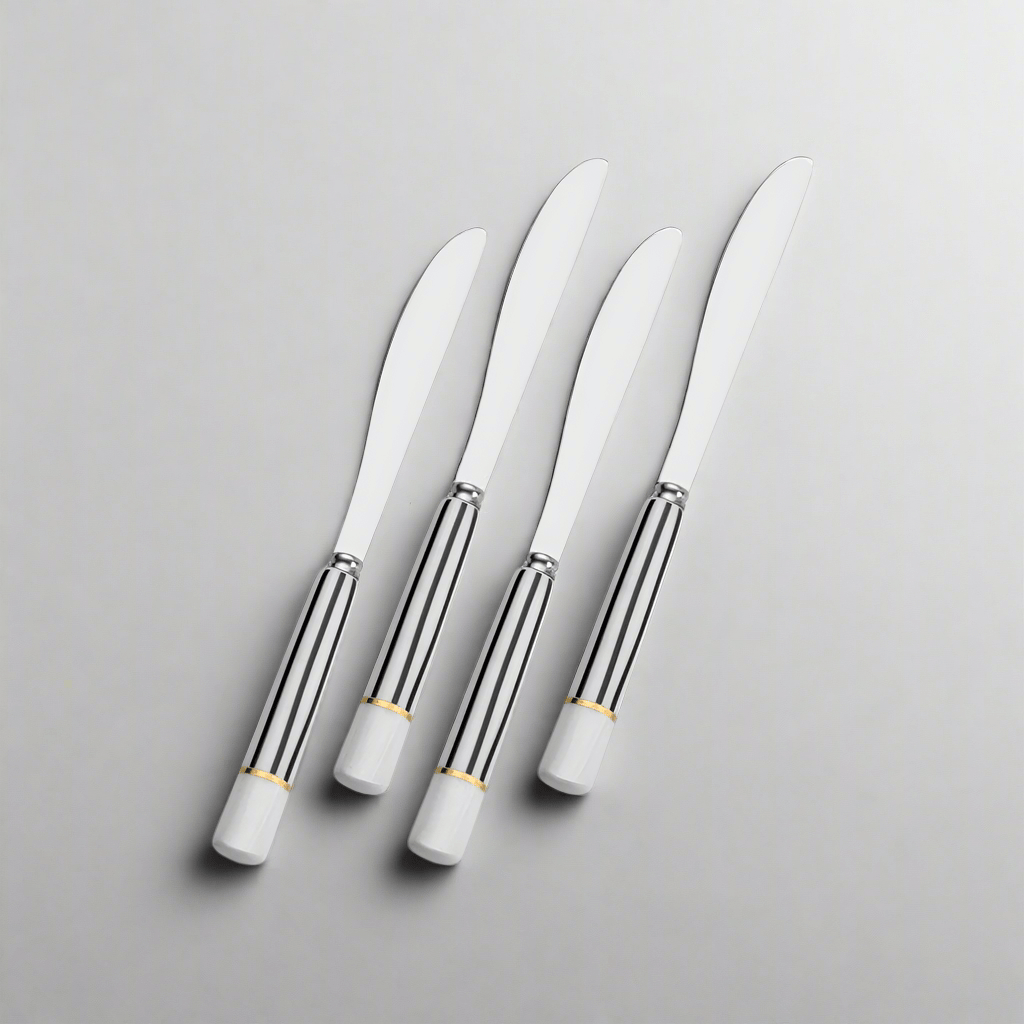 French style cheese spreaders with black and white striped handles on a cheese board