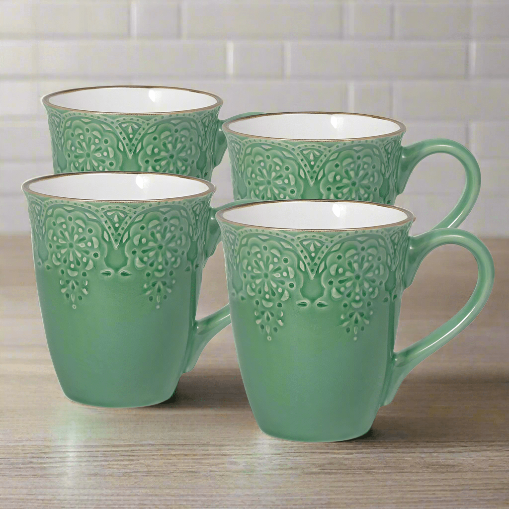 Elegant green stoneware mug set of 4, showcasing the design and texture.