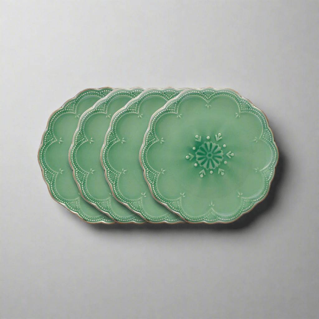 Elegant green stoneware salad plate angled view - perfect for salads and snacks.