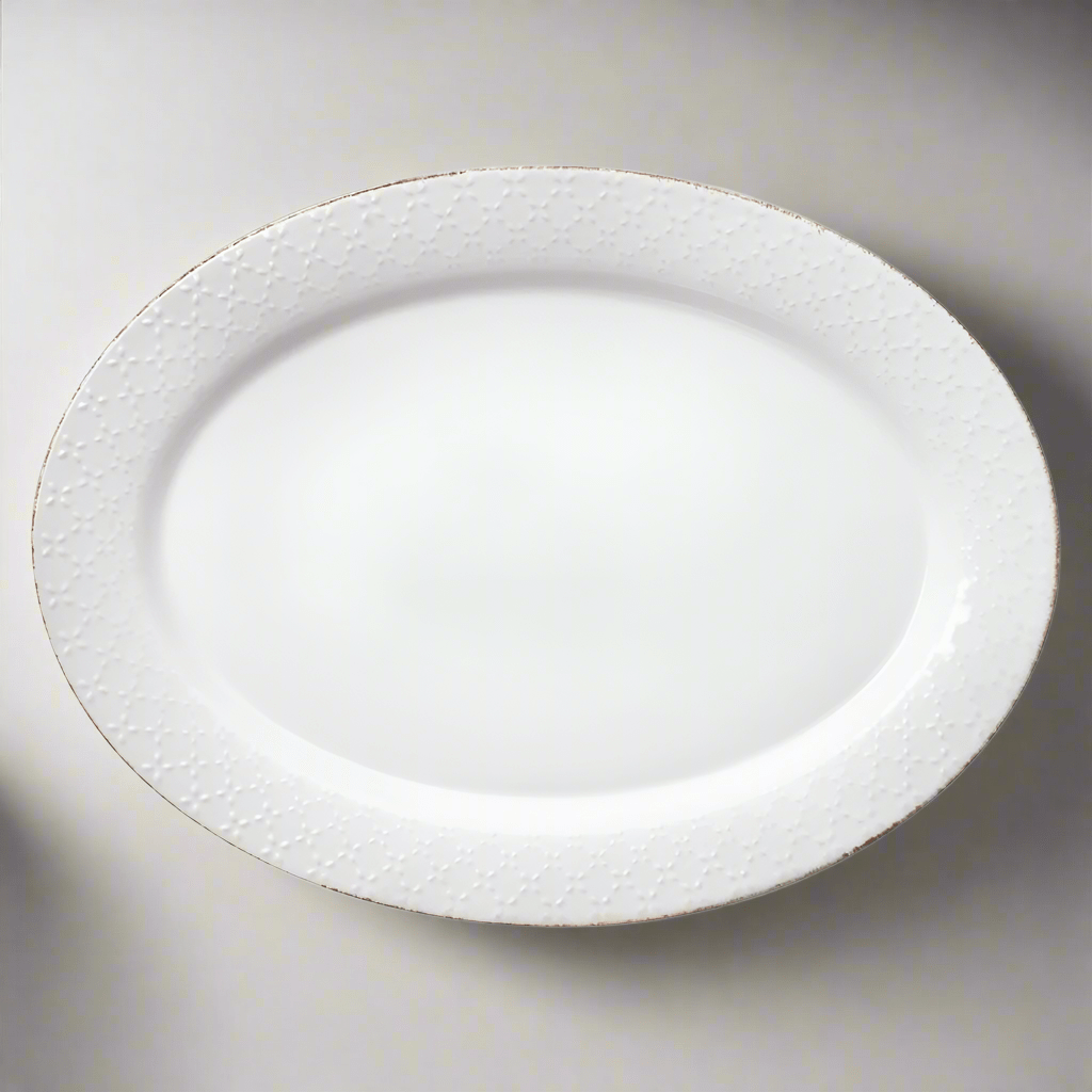 Top view of white oval platter showcasing sliced bread and fruit — white serving platter for brunch