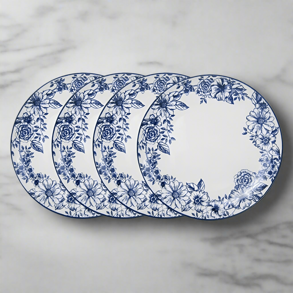 Close-up of Gabriela Blue reactive glaze dinner plate showing textured surface and color variations