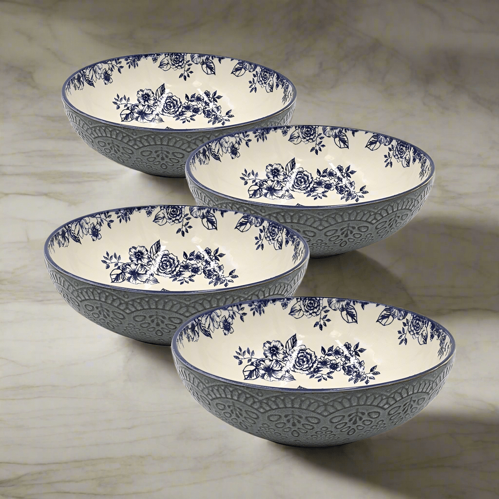 A close-up view of the Gabriela Blue pasta bowl highlighting its reactive glaze.