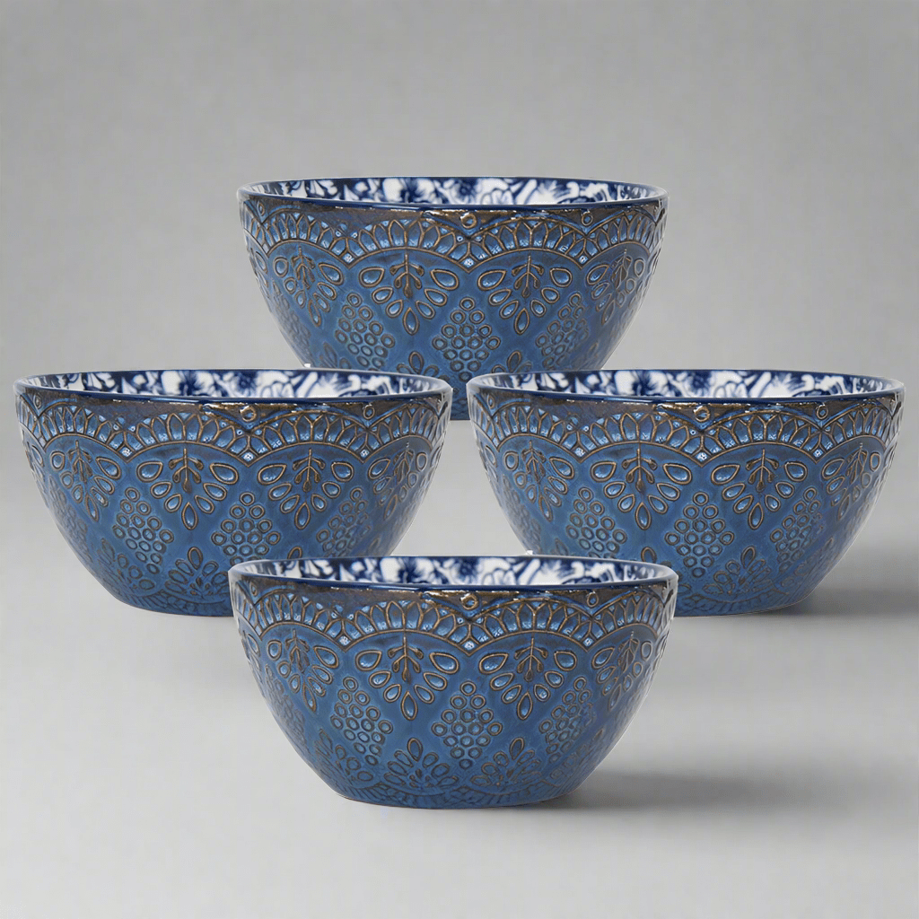Close-up of Gabriela Blue unique reactive glaze soup bowl showcasing its intricate color variations.