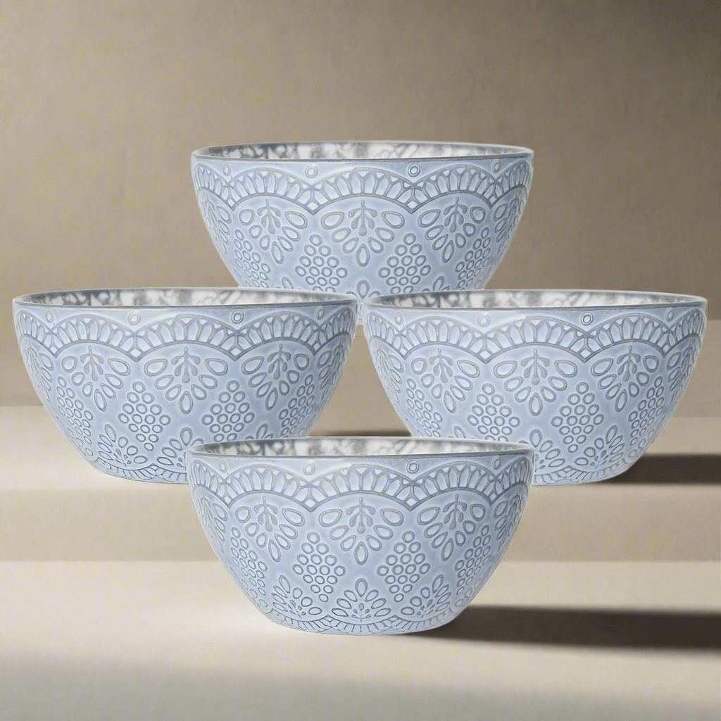 Close-up of Gabriela Gray ceramic soup bowls featuring unique glaze patterns.