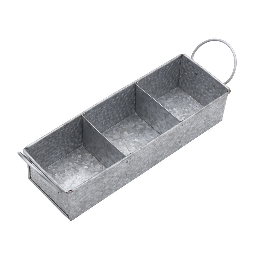 Rustic kitchen countertop with handmade galvanized metal serving tray for organized storage