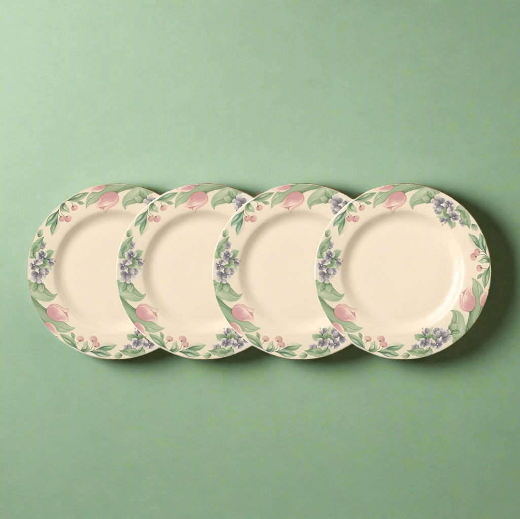 Close-up of durable stoneware dinner plates stacked, showing their elegant design