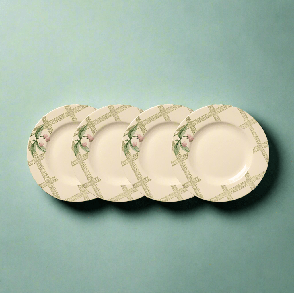 Garden Party salad plate from above, showcasing its elegant design and stoneware finish.