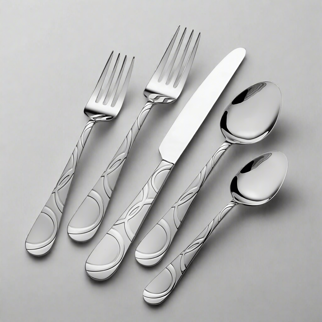 Close-up of stainless steel flatware with swirl pattern on handles
