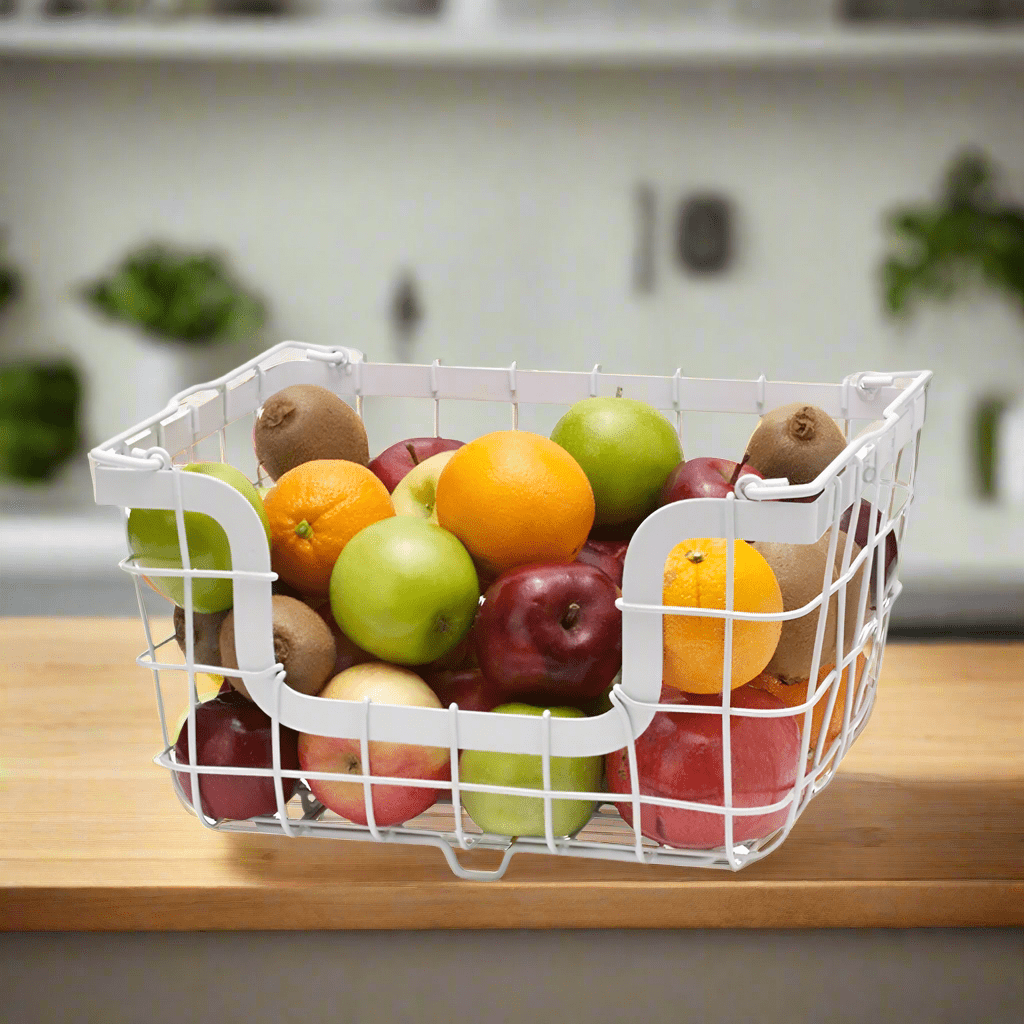 Stacking wire basket showcasing its elegant design and versatility for kitchen organization.