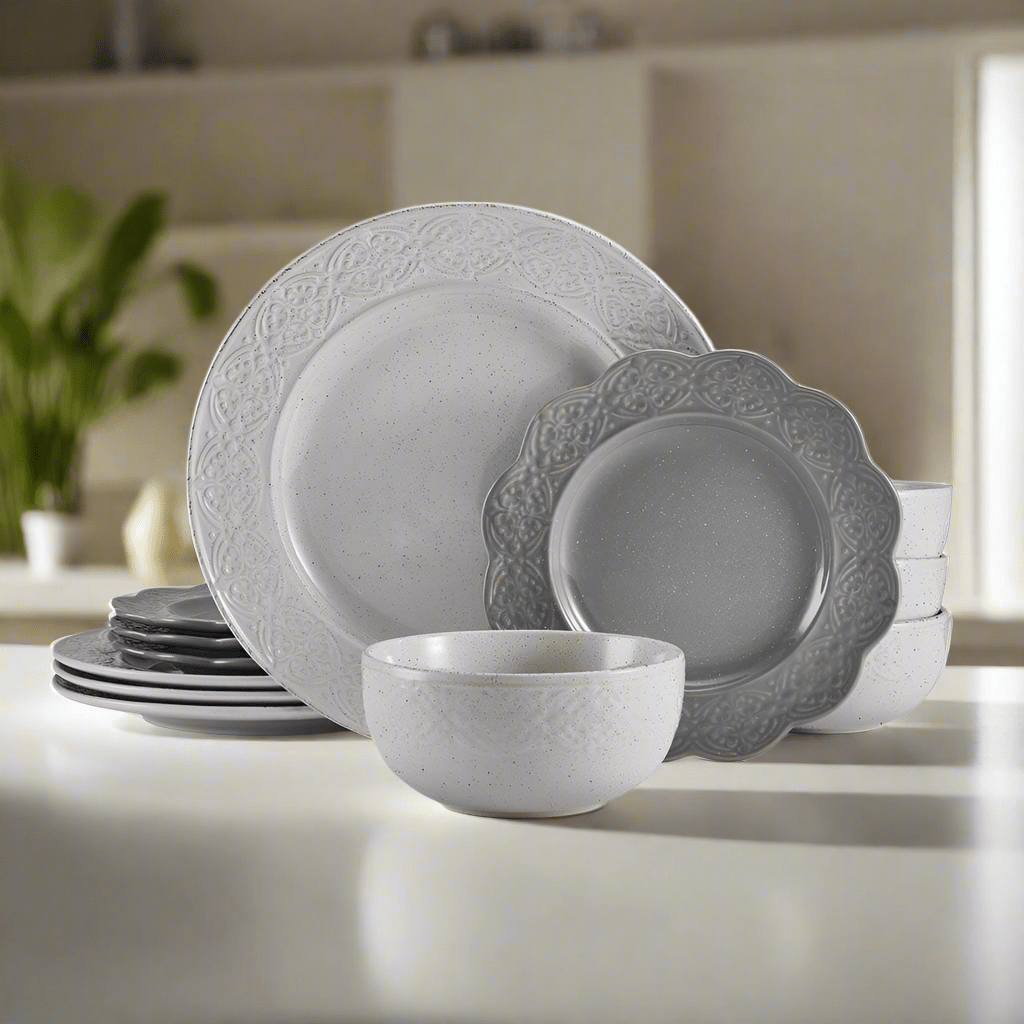 Embossed stoneware dinner plates with reactive glaze finish for daily use