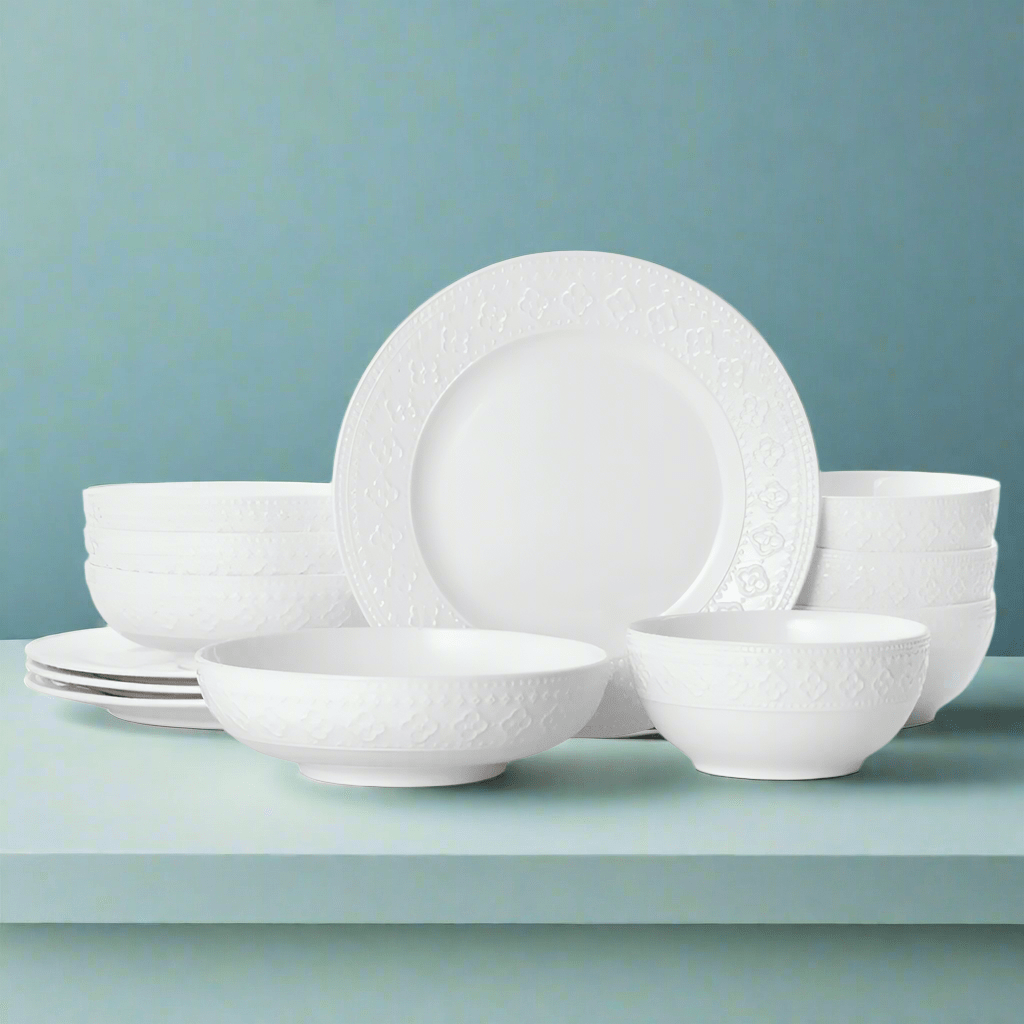 Elegant porcelain dinnerware set with embossed design for special occasions