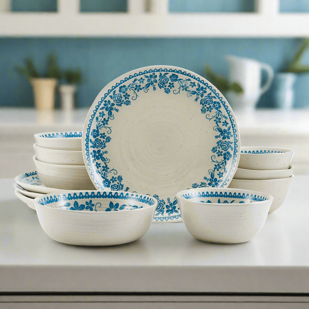 Close-up of Hayden Blue stoneware dinner plate with floral motif and concentric ribbed design