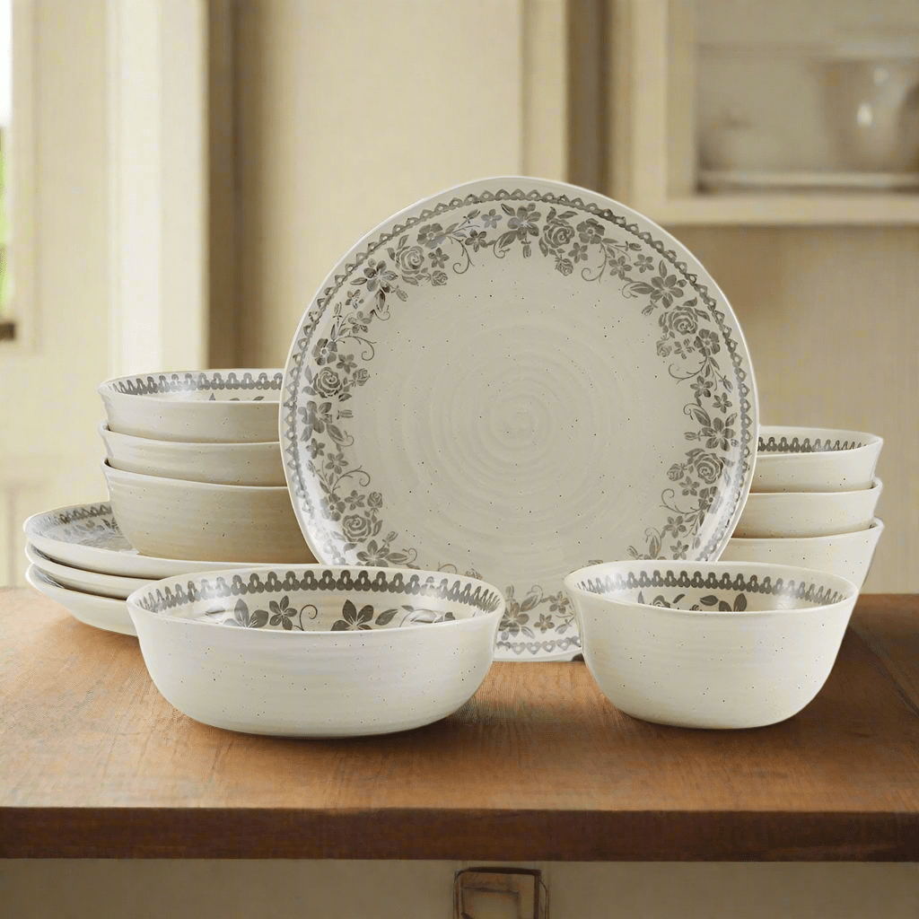 Organic shaped stoneware dinner plates with floral design for everyday use