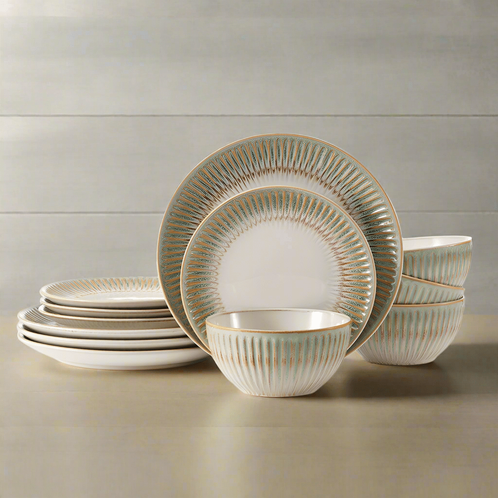 Top view of Hensley Green stoneware dinnerware set arranged on rustic wood table