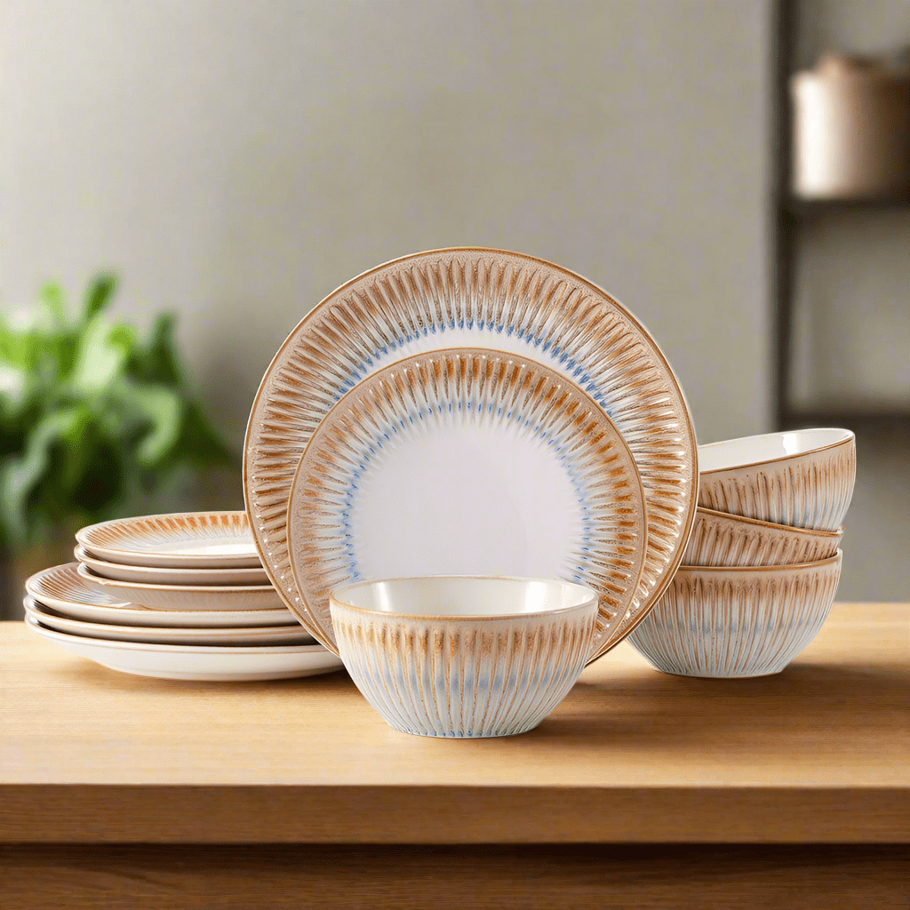 Hensley Taupe dinnerware set displayed on a dining table, showcasing its unique design.